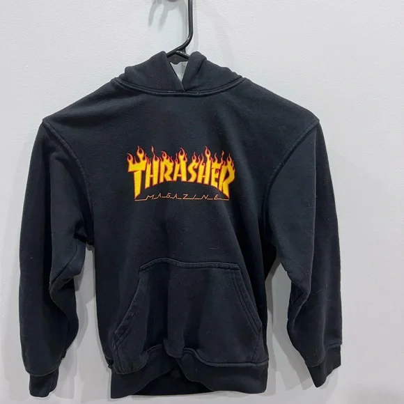 Thrasher Magazine Black Hoodie with Flame Logo Size M (boys 7) - Picture 2 of 4